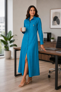 Vestido Camisero de Algodón para Mujer, Color Azul Turquesa, Manga Larga, Cierre de Botones al Frente, Túnica Elegante - Product Image 3
