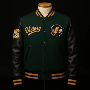 Veste universitaire unisexe de luxe noire et marine avec manches en similicuir, col montant et logo frontal - Product Image 6
