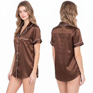 Custom Logo Women's Button Down Shirt Turn Down Collar <b>Silky</b> Sleep Wear <b>Top</b> Relaxed Fit Women Short Sleeve Satin Night Shirt - Product Image 4