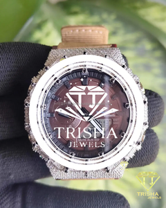 Cross Bezel VVS Moissanite <b>Diamond</b> <b>Watch</b> 925 Sterling Silver Brown Dial Luxury Iced Out Timepiece - Product Image 1