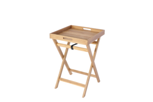 Mesa de té de acacia hecha de madera maciza con una superficie lisa y bordes elevados para servir té y aperitivos. - Product Image 6