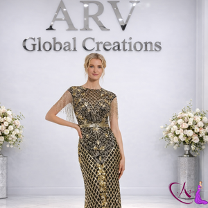 Vestido de Noche de Lujo con Adornos Dorados para Mujer |   Vestido Elegante para Fiesta |   Traje Formal de Diseñador |   Look para Bodas y Galas - Product Image 2