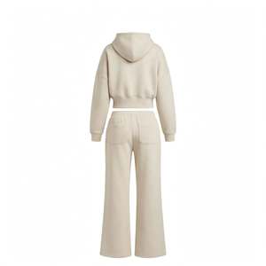 Survêtement 2-en-1 pour femme, beige, à capuche, zippé, épais, manches longues, couleur unie, coupe décontractée, en coton, sweat-shirt et pantalon - Product Image 4