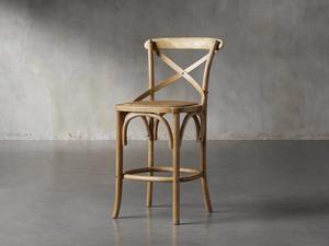 Tabouret de bar classique en bois à dossier croisé avec siège en rotin tressé à la main, chaise de bar pour restaurant, comptoir de café et projets hôteliers - Product Image 2