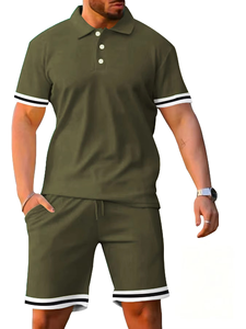 Ensemble polo et short pour homme, bleu clair, couleur unie, tricoté, respirant, décontracté, été, 100% coton - Product Image 5