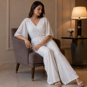 Mono de lentejuelas blancas de lujo con cuello en V y pierna ancha, elegante para fiestas, traje formal de noche, recepción de bodas, cóctel, para mujer - Product Image 3