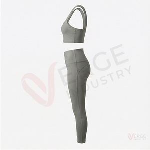 Women Gray <b>Zipper</b> Yoga Set Square Neck Crop Top High Waist <b>Leggings</b> 2 Piece Athletic Outfit - Product Image 3