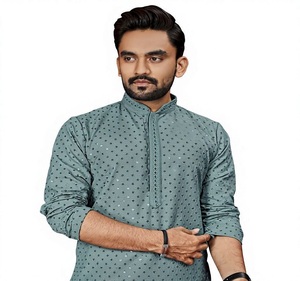Soft <b>silk</b> <b>kurta</b> for men with classic Lucknow style embroidery traditional ethnic wear for festive and special occasions - Product Image 2