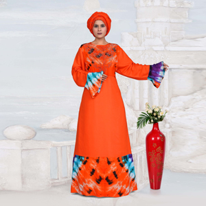 ชุดเดรสยาวมุสลิมสไตล์ตะวันออกกลาง แขนยาว ผ้าเรยอนแบบเรียบง่ายสำหรับผู้หญิง ตกแต่งคอเสื้อด้วยเพชร ดีไซน์ลายมัดย้อม - Product Image 5