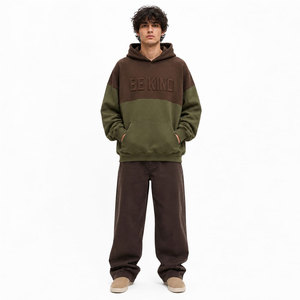 Sweat-shirt à capuche décontracté surdimensionné pour homme, marron olive, avec blocs de couleur et motif « Be Kind » en relief, pour l'automne - Product Image 3