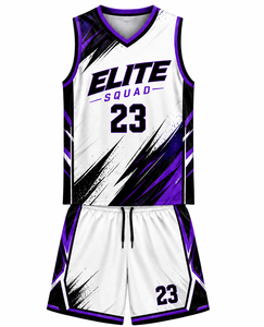 Conjunto de Camiseta y Pantalones Cortos de Baloncesto Premium Elite Squad en Blanco, Negro y Morado con Diseño Dinámico de Pinceladas para Competición - Product Image 1