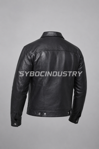 Veste en cuir d'agneau pour homme, style trucker, noir et marron vintage, avec devant à boutons-pression, poches poitrine à rabat, et languettes à la taille. - Product Image 2