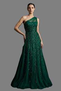 Robe de soirée élégante vert émeraude à une épaule avec motif de feuilles en sequins |   Fournisseur de robes de soirée de luxe B2B pour les détaillants - Product Image 3