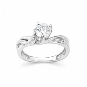 Anillo de compromiso de oro blanco para mujer con diamante redondo de talla brillante, engaste de puntas, estilo clásico y banda pavé - Product Image 3