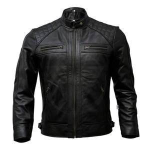 Chaqueta de motorista de piel de vaca de invierno para hombre personalizada al por mayor chaqueta de cuero negro con cuello levantado de nuevo diseño - Product Image 1