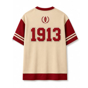 เสื้อยืดแขนสั้นผู้ชาย DST สีครีม รุ่น 1913 ลายพิมพ์ คอกลม ทรงปกติ ผ้าเจอร์ซีย์ลำลอง แต่งขอบสีแดง - Product Image 6