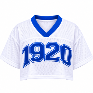 เสื้อครอปฟุตบอล Zeta Phi Beta สำหรับผู้หญิง สีขาวตาข่าย สีน้ำเงินรอยัล คอวี ปักลายทวิลล์ ปี 1920 แขนสั้น เสื้อครอปสำหรับชมรมนักศึกษา - Product Image 3