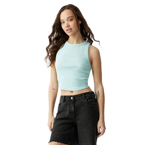 Top Corto sin Mangas con Estampado de Canalé, Estilo Moderno y Personalizado para Mujer, Prenda de Verano en Algodón Tejido, Color Verde Menta, Corte Ajustado - Product Image 6