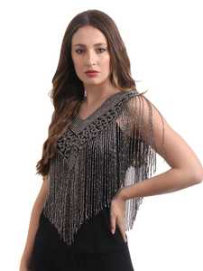 Capa con Cuentas y Flecos, Chaqueta Bolero con Cuello de Lentejuelas Plateadas y Doradas, Poliéster, Disponible en Stock - Product Image 2
