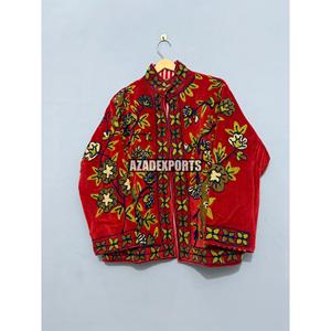 Women's <b>Red</b> <b>Velvet</b> Mandarin Collar Floral Embroidery Quilted Short Bomber Jacket Full Sleeve Autumn Woven - Product Image 4
