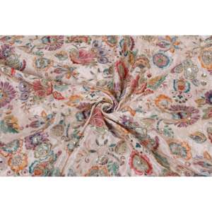 Tissu en crêpe de viscose brodé de fleurs de pêche avec travail de sequins dorés Zari, largeur 44 pouces - Product Image 4