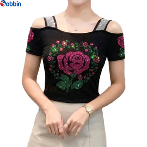 Custom Color Women Flower Rhinestone Off Shoulder Shiny <b>Sequined</b> Clothes Tee Tops Breathable Short Sleeve <b>Shirts</b> Party <b>T</b>-<b>shirt</b> - Product Image 3