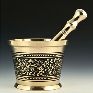 Antique finish brass mortar pestle set with textured crosshatch body for spice crushing, available at wholesale prices. - Product Image 2