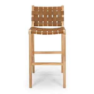 Tabouret de bar en teck artisanal avec assise et dossier en cuir tressé – Chaise de comptoir artisanale directement de l'usine pour intérieurs élégants - Product Image 4