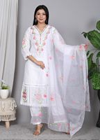 NIYANI Kurta Katun Putih Tradisional Musim Panas Cepat Kering Anti Kusut Regular Fit Sepasang Salwar Kameez Wanita untuk Diwali Pernikahan