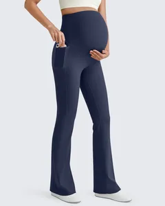Custom LOGO Maternity High Waisted <b>Flared</b> Yoga Pants Solid Stretch Side Pockets Belly Support Soft Casual Pants for Women - Product Image 1
