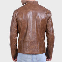 Blouson aviateur en cuir marron pour homme avec rayures blanches, col montant, fermeture éclair, coupe ajustée, style hiver, logo frontal