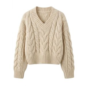 Pull beige à rayures alpines, motif Fair Isle, mélange de laine thermique de qualité supérieure, col en V, manches longues, pull confortable et chaud - Product Image 4