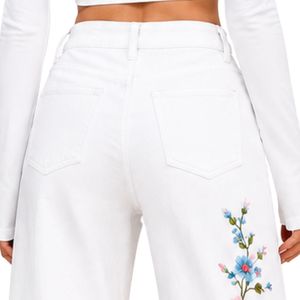Jeans de Pierna Ancha con Bordado Floral Blanco para Mujer, Pantalones de Mezclilla de Cintura Alta, Corte Holgado, Ropa Casual Urbana, Personalizable OEM ODM - Product Image 6