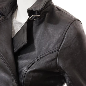 Women's <b>Genuine</b> Leather Hooded Long Motorcycle Jacket With Adjustable Waist Belt Windproof Autumn Style - Product Image 3