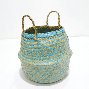 Cesta de Almacenamiento Tejida Azul con Diseño Circular de Hoja de Palma, Duradera, Plegable, con Asa, para Macetas - Product Image 5