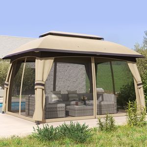 10x13ft Beige Covered Gazebo with Netting Side Walls & 2 Vented <b>Roofs</b> Patio <b>Canopy</b> & Pergola Shelter - Product Image 2