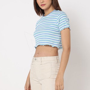 Camiseta Corta a Rayas para Mujer, Cuello Redondo, Manga Corta, Tejida, Informal, Primavera Verano - Product Image 2