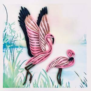 Tarjeta de quilling con diseño de pareja de flamencos rosas tropicales, tarjeta elegante con sobre, tarjeta de felicitación hecha a mano, perfecta para amantes de la naturaleza - Product Image 1