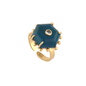 Bague ajustable en laiton plaqué or 18 carats avec apatite et jade sertis à griffes, motif hexagonal géométrique, ornée de zircons blancs, style créateur, ouverte et perlée - Product Image 1