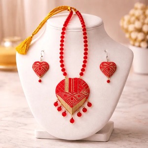 Excellent Quality Gamusa Assamese Traditional Red Muga Silk <b>Necklace</b> Set with <b>Statement</b> Pendant Available At Best Market Price - Product Image 3