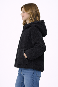 Veste à capuche en polaire Teddy pour filles noires, manteau d'hiver doux en sherpa zippé pour enfants, vêtement d'extérieur en peluche confortable et chaud avec poches avant - Product Image 2