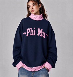 Phi Mu Manufacturer <b>Mock</b> <b>Neck</b> Cotton Fleece Sweatshirt Women Men Ladies Unisex Chenille Tackle Twill Applique Embroidery Sororit - Product Image 5