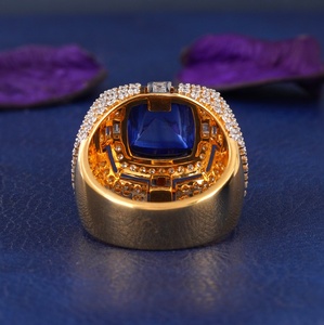 Art Deco Luxury Blue Sapphire 14K Yellow Gold Lab Grown Diamond Side Stones EF Clarity <b>CZ</b> Statement <b>Ring</b> for Women - Product Image 1