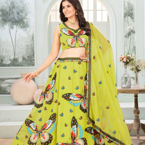 ชุดเลเฮนกาโชลีแบบดั้งเดิมของอินเดีย ผ้าจอร์เจตต์เทียม แต่งลายปักเลื่อม งานฝีมือประณีต เหมาะสำหรับงานแต่งงาน งานปาร์ตี้ งานดิวาลี ผลิตจากวัสดุรีไซเคิล - Product Image 1