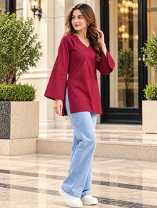 Wholesale Women’s Solid V-Neck Bell Sleeve Tunic Top – Casual Long Sleeve <b>Blouse</b> V-Neck Daily Wear Women's Long Sleeve Tunic <b>Red</b> - Product Image 5