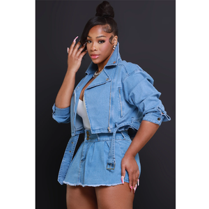 Veste en jean pour femme avec col montant, fermeture éclair, manches longues, coupe courte, couleur unie, style décontracté printemps - Product Image 2