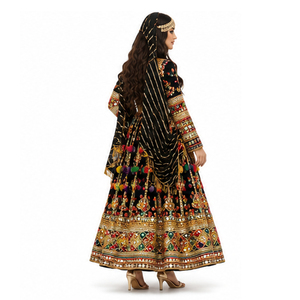Vestido Étnico Tradicional Indio de Seda Negra Bordada, Largo hasta el Suelo, para Mujer, Corte Regular, para Todas las Temporadas, Vestido Étnico Afgano Kuchi - Product Image 4