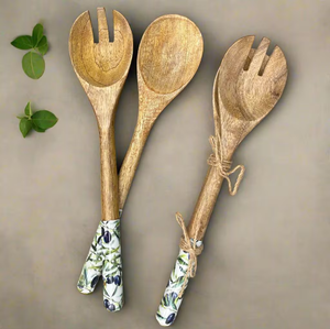 Cuillère en bois de qualité supérieure pour la cuisine, cuillère à salade avec poignée imprimée en émail à motif floral, ustensile de cuisine durable - Product Image 6