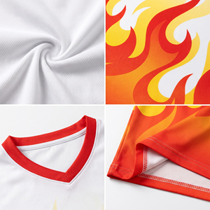 Conjunto de Camiseta de Fútbol con Estampado de Llamas, Cuello en V, Manga Corta, Secado Rápido, Ajuste Atlético, Uniforme de Poliéster para Todas las Temporadas, Blanco, Rojo, Amarillo - Product Image 5