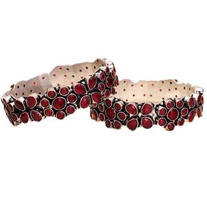 Brazaletes de Mujer con Bisel de Latón Vintage, Bañados en Plata Antigua, con Gema Roja, Joyería Étnica de Moda, Regalo - Product Image 1